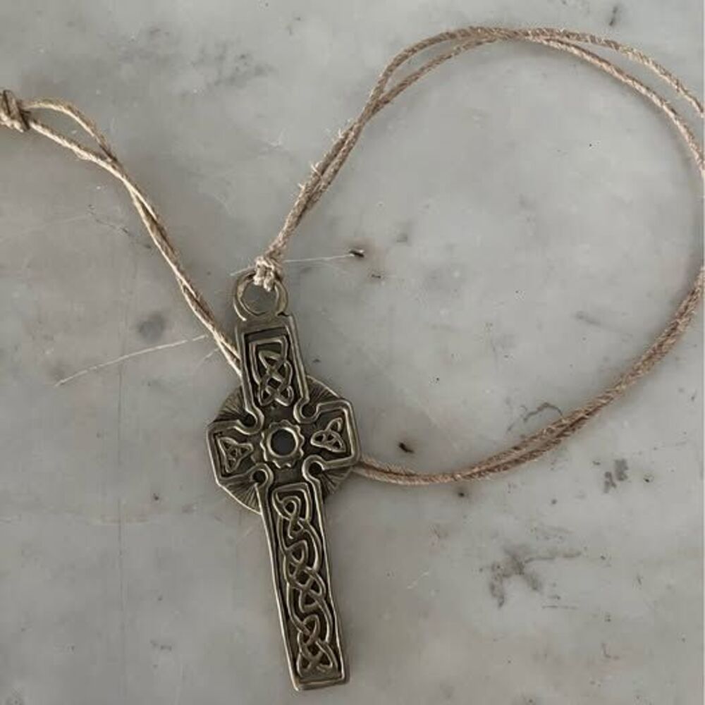 Vintage Celtic Knot Cross Pendant Necklace Brass Tone Irish Cross